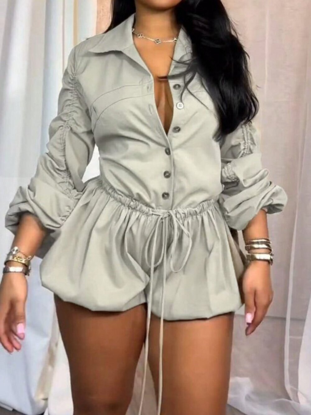 Light Grey Party Women's Button Ruched Long Sleeve Drawstring Playsuit